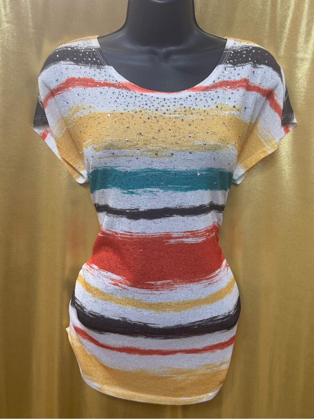 Cato Striped Rhinestone Knit Top Size Medium Multicolor Brushstroke Short Sleeve